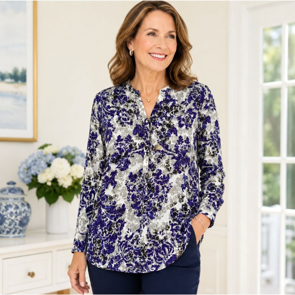 Talbots Floral Damask Popover Blouse S Petite Purple Gray Tunic V Neck Career